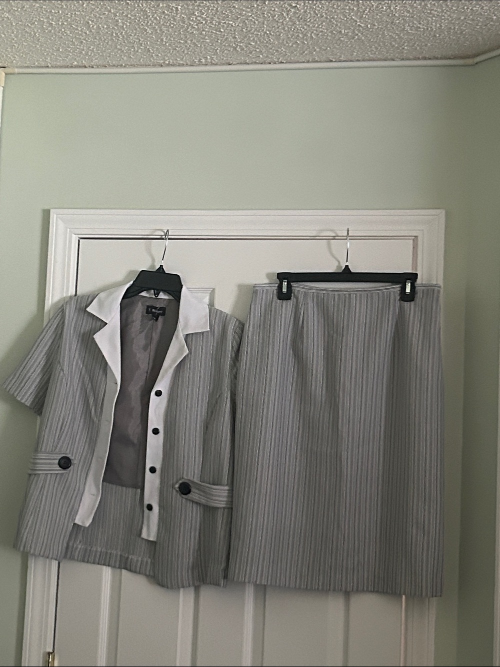 Milano Gray Pinstripe Skirt Suit with White Trim